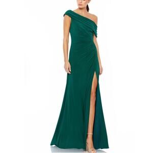 Ieena for Mac Duggal Asymmetrical Neckline Ruched Dress Emerald Size 8 NWT 26517